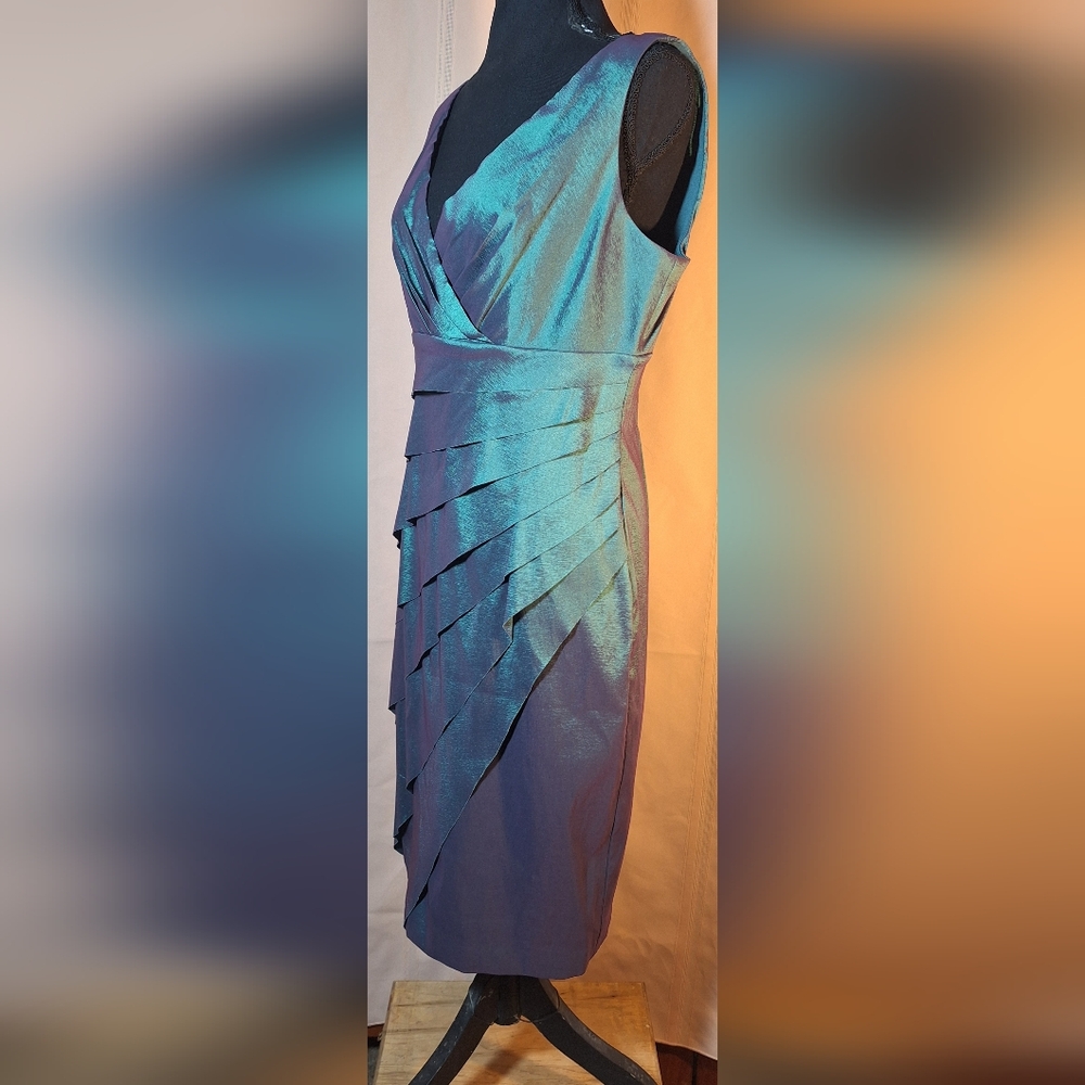 LONDON STYLE Asymmetrical Dress in Shimmering Color Changing Green and Purple - Picture 3 of 7